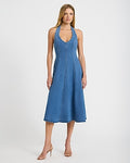 Express Women's Stretch Denim Halter V-Neck Midi Fit And Flare Dress in Blue Small
