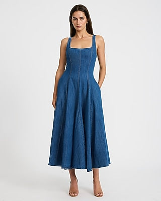 Express Women's Denim Square Neck Seamed Maxi Dress With Pockets in Medium Wash