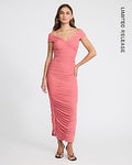 Express Women's Mesh Ruched Off The Shoulder Maxi Dress in Pink Lady