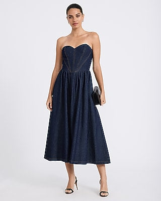 Express Women's Denim Strapless Sweetheart Seamed Midi Dress With Pockets in Blue Small