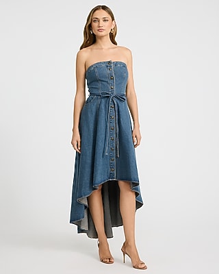 Express Women's Denim Strapless Tie Waist Button Front High-Low Midi Dress in Medium Wash