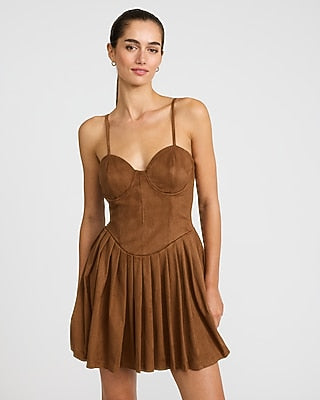 Express Women's Faux Suede Sweetheart Corset Pleated Mini Dress in Tan Brown