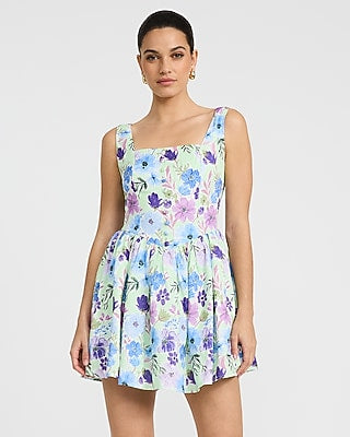 Express Women's Floral Jacquard Button Front Dipped Waist Mini Dress in Green Small