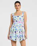 Express Women's Floral Jacquard Button Front Dipped Waist Mini Dress in Mint Green