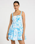 Express Women's Printed Square Neck Tiered Smocked Back Mini Dress in Blue Print