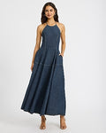 Express Women's Denim Halter Seamed Fit And Flare Maxi Dress With Pockets in Blue Small