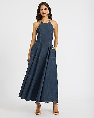 Express Women's Denim Halter Seamed Fit And Flare Maxi Dress With Pockets in Dark Denim