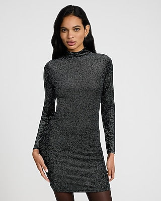 Express Women's Shine Velvet Mock Neck Long Sleeve Mini Dress in Pitch Black