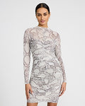 Express Women's Snakeskin Print Mesh Mock Neck Ruched Mini Dress in Neutral Print