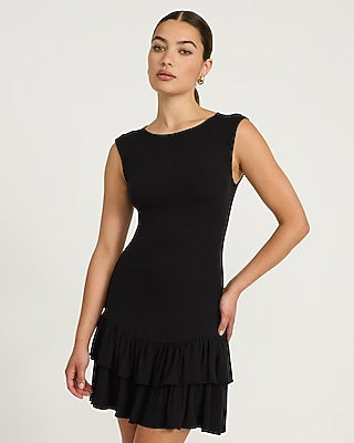 Express Women's Boat Neck Cap Sleeve Drop Waist Ruffle Hem Mini Dress in Black Small