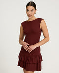 Express Women's Boat Neck Cap Sleeve Drop Waist Ruffle Hem Mini Dress in Brown Small