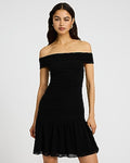 Express Women's Knit Off The Shoulder Drop Waist Ruched Mini Dress in Black Small