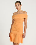 Express Women's Knit Off The Shoulder Drop Waist Ruched Mini Dress in Orange Small