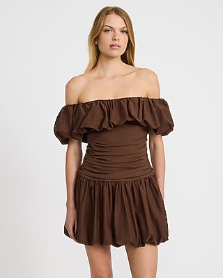 Express Women's Stretch Cotton Drop Waist Bubble Hem Mini Dress With Pockets in Brown Small