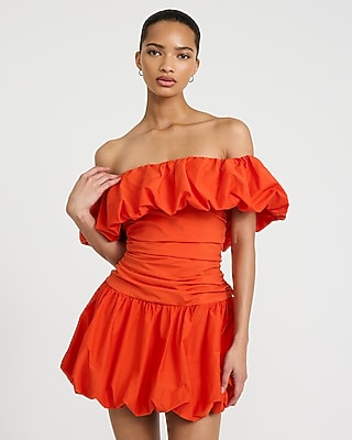 Express Women's Stretch Cotton Drop Waist Bubble Hem Mini Dress With Pockets in Orange Small