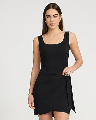 Express Women's Ribbed Knit Scoop Neck Wrap Tie Mini Dress in Pitch Black