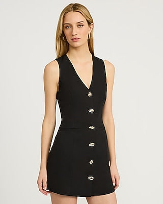 Express Women's V-Neck Gold Button Mini Vest Dress in Black Small