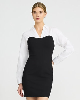Express Women's V-Neck Long Sleeve Mixed Media Mini Shirt Dress in Pitch Black