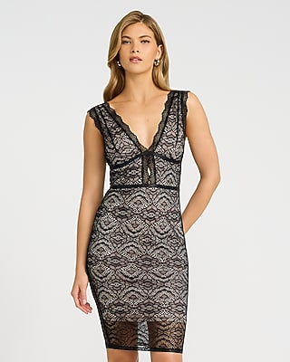 Women's Express X Bebe Lace V-Neck Strappy Mini Dress in Black Small
