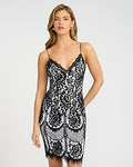 Women's Express X Bebe Lace Color Block V-Neck Mini Dress in Pitch Black