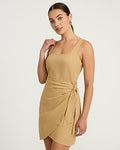 Express Women's Linen-Blend Square Neck Wrap Tie Mini Dress in Brown Small
