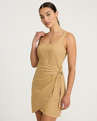 Express Women's Linen-Blend Square Neck Wrap Tie Mini Dress in Brown Small