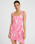 Express Women's Linen-Blend Printed Square Neck Wrap Mini Dress in Pink Print