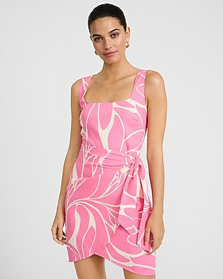 Express Women's Linen-Blend Printed Square Neck Wrap Mini Dress Small
