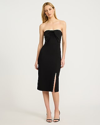 Express Women's Strapless Satin Bow Side Slit Midi Dress in Black Small