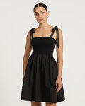 Express Women's Stretch Cotton Square Neck Tie Strap Mini Fit And Flare Dress in Pitch Black
