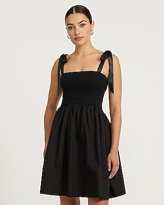 Express Women's Stretch Cotton Square Neck Tie Strap Mini Fit And Flare Dress in Pitch Black