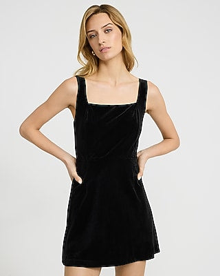 Express Women's Velvet Square Neck Bow Back Mini Fit And Flare Dress in Pitch Black