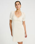 Express Women's Satin Lace Trim V-Neck Short Sleeve Mini Dress in Neutral Small