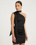 Express Women's Satin One Shoulder Scarf Neck Mini Dress in Pitch Black