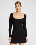 Express Women's Lace Trim Long Sleeve Ribbed Mini Knit Dress in Black Small