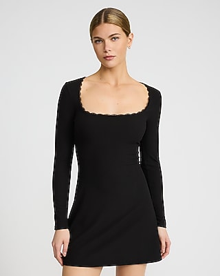 Express Women's Lace Trim Long Sleeve Ribbed Mini Knit Dress in Black Small