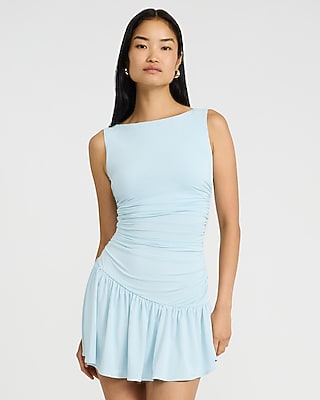 Express Women's Boat Neck Ruched Drop Waist Mini Dress in Light Blue