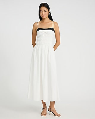 Express Women's Poplin Color Block Smocked Square Neck Maxi Dress in Ivory