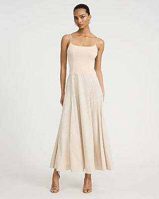 Express Women's Mixed Media Square Neck Drop Waist Maxi Dress in Soft Beige