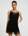 Express Women's Satin Lace Trim V-Neck Sleeveless Mini Dress in Black Small