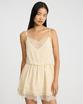 Express Women's Satin Lace Trim V-Neck Sleeveless Mini Dress in Pale Yellow