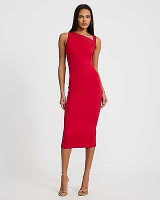 Express Women's Asymmetrical Fold Over Ruched Midi Dress in Red Small