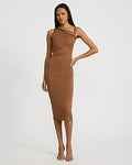 Express Women's Asymmetrical Fold Over Ruched Midi Dress in Neutral Small