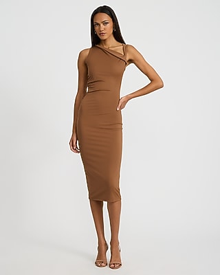 Express Women's Asymmetrical Fold Over Ruched Midi Dress in Neutral Small