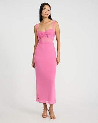 Express Women's Mesh Ruched Sweetheart Sleeveless Midi Dress in Plaid
