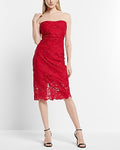 Express Women's Allover Lace Strapless Midi Dress in Red Small