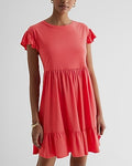 Express Women's Crew Neck Ruffle Mini Babydoll Dress in Coral