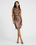 Express Women's Shine Foil Mock Neck Sleeveless Ruched Midi Dress in Bronze Shimmer