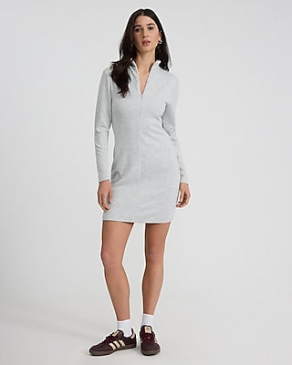 Express Women's Zip Mock Neck Long Sleeve Mini Dress in Silver Heather Gray