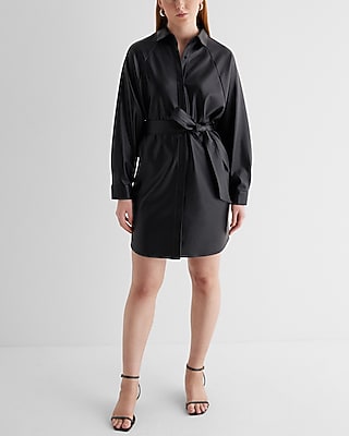 Express Women's Faux Leather Boyfriend Mini Portofino Shirt Dress in Pitch Black